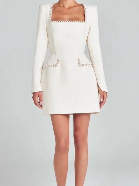 NADINE MERABI Dresses & Skirts - NADINE MERABI Cream Square-Neck Long-Sleeve Mini Dress